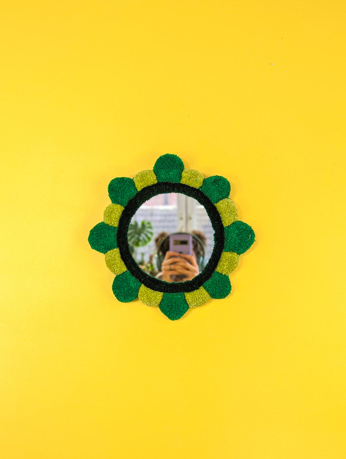 Handmade Green Tufted Petal Mirror – Flower-Shaped Wall Mirror, Colourful Textured Home Decor