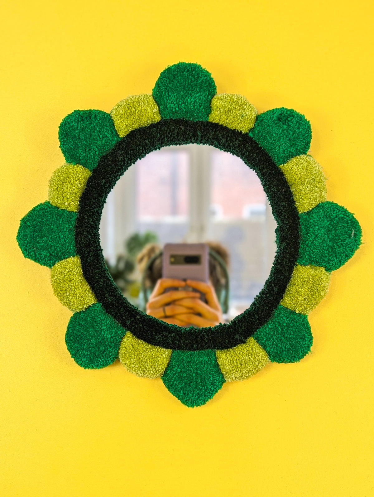 Handmade Green Tufted Petal Mirror – Flower-Shaped Wall Mirror, Colourful Textured Home Decor