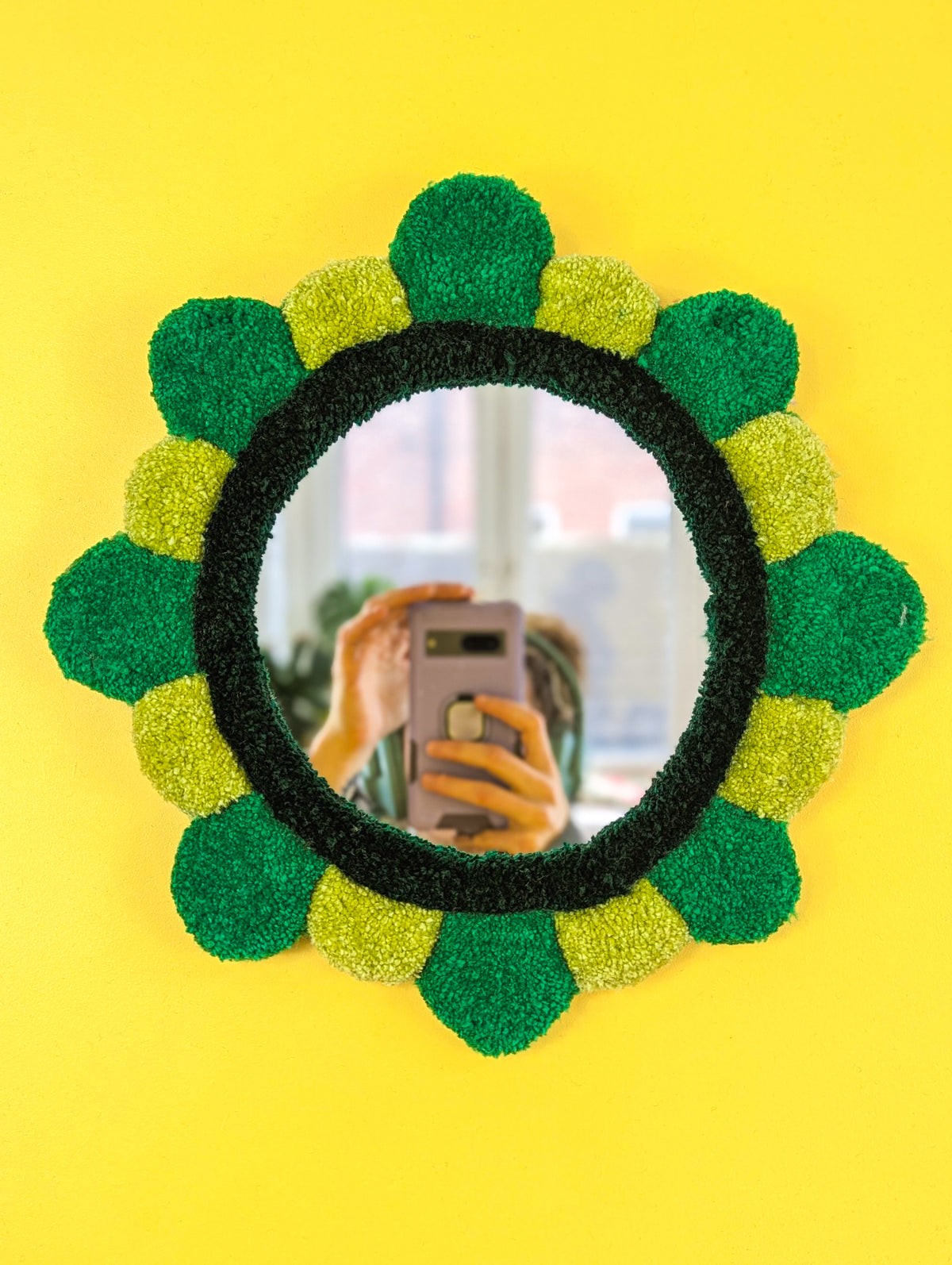 Handmade Green Tufted Petal Mirror – Flower-Shaped Wall Mirror, Colourful Textured Home Decor