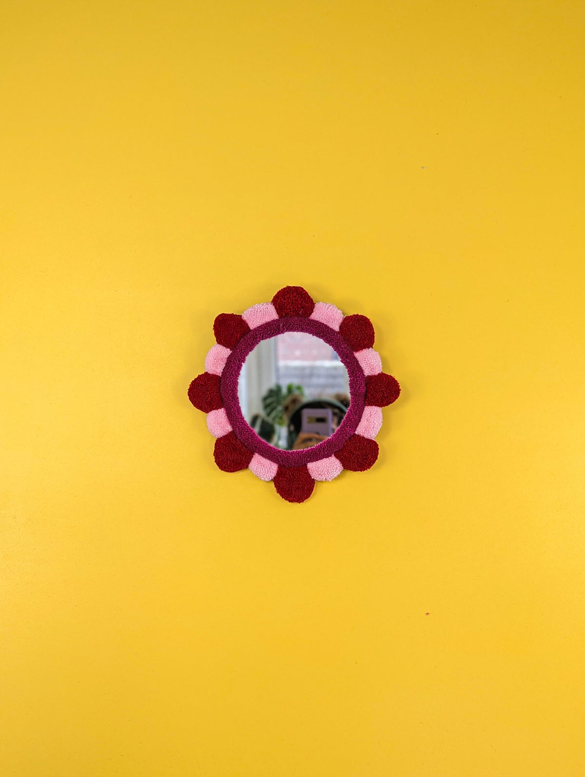 Handmade Red Pink Tufted Petal Mirror – Flower-Shaped Wall Mirror, Colourful Textured Home Decor