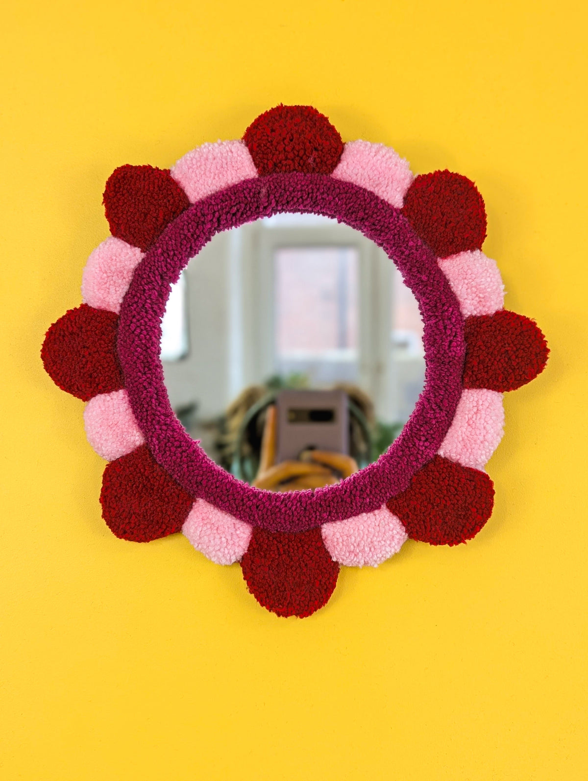 Handmade Red Pink Tufted Petal Mirror – Flower-Shaped Wall Mirror, Colourful Textured Home Decor