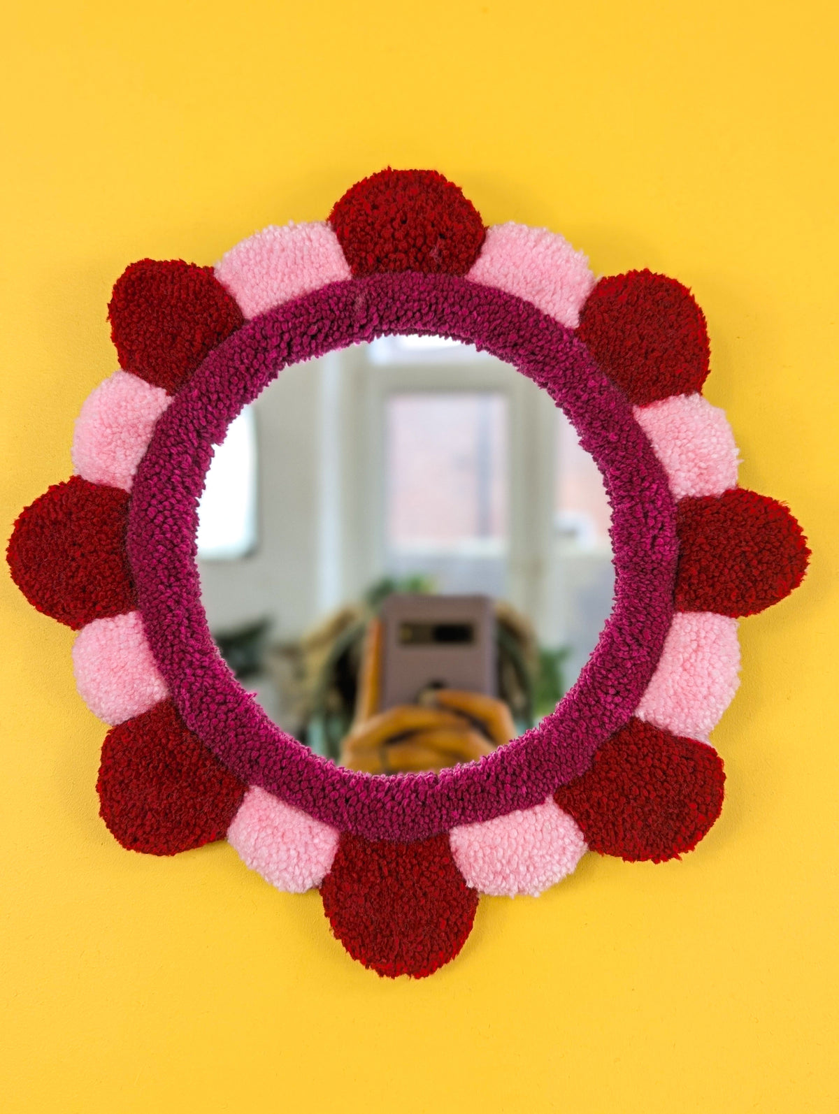 Handmade Red Pink Tufted Petal Mirror – Flower-Shaped Wall Mirror, Colourful Textured Home Decor