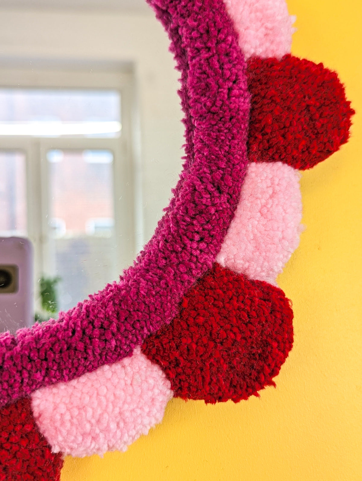 Handmade Red Pink Tufted Petal Mirror – Flower-Shaped Wall Mirror, Colourful Textured Home Decor