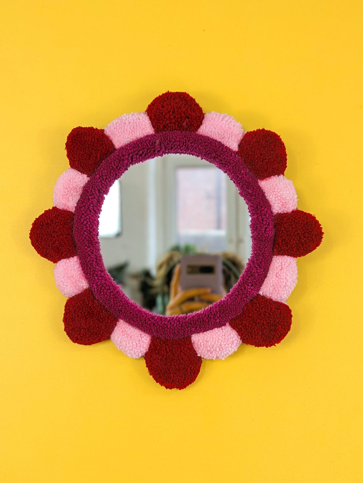 Handmade Red Pink Tufted Petal Mirror – Flower-Shaped Wall Mirror, Colourful Textured Home Decor
