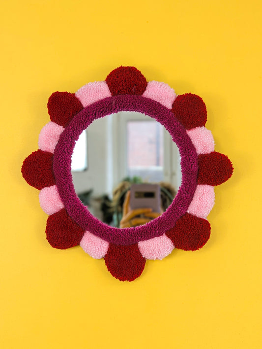 Handmade Red Pink Tufted Petal Mirror – Flower-Shaped Wall Mirror, Colourful Textured Home Decor