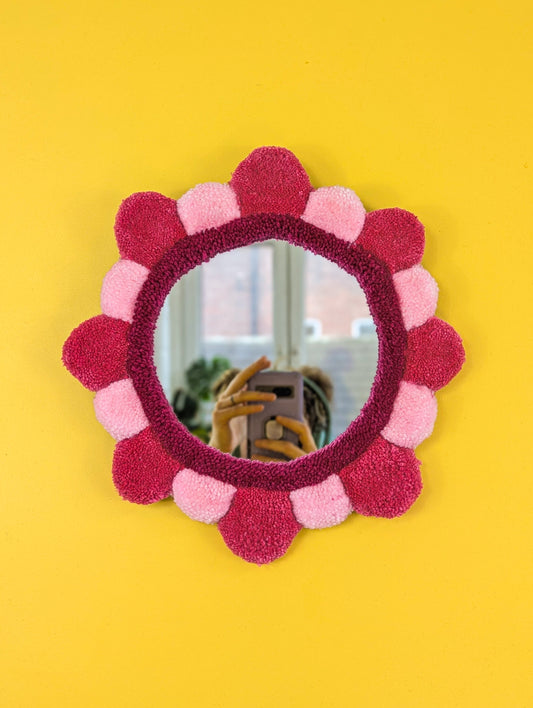 Handmade Pink Tufted Petal Mirror – Flower-Shaped Wall Mirror, Colourful Textured Home Decor
