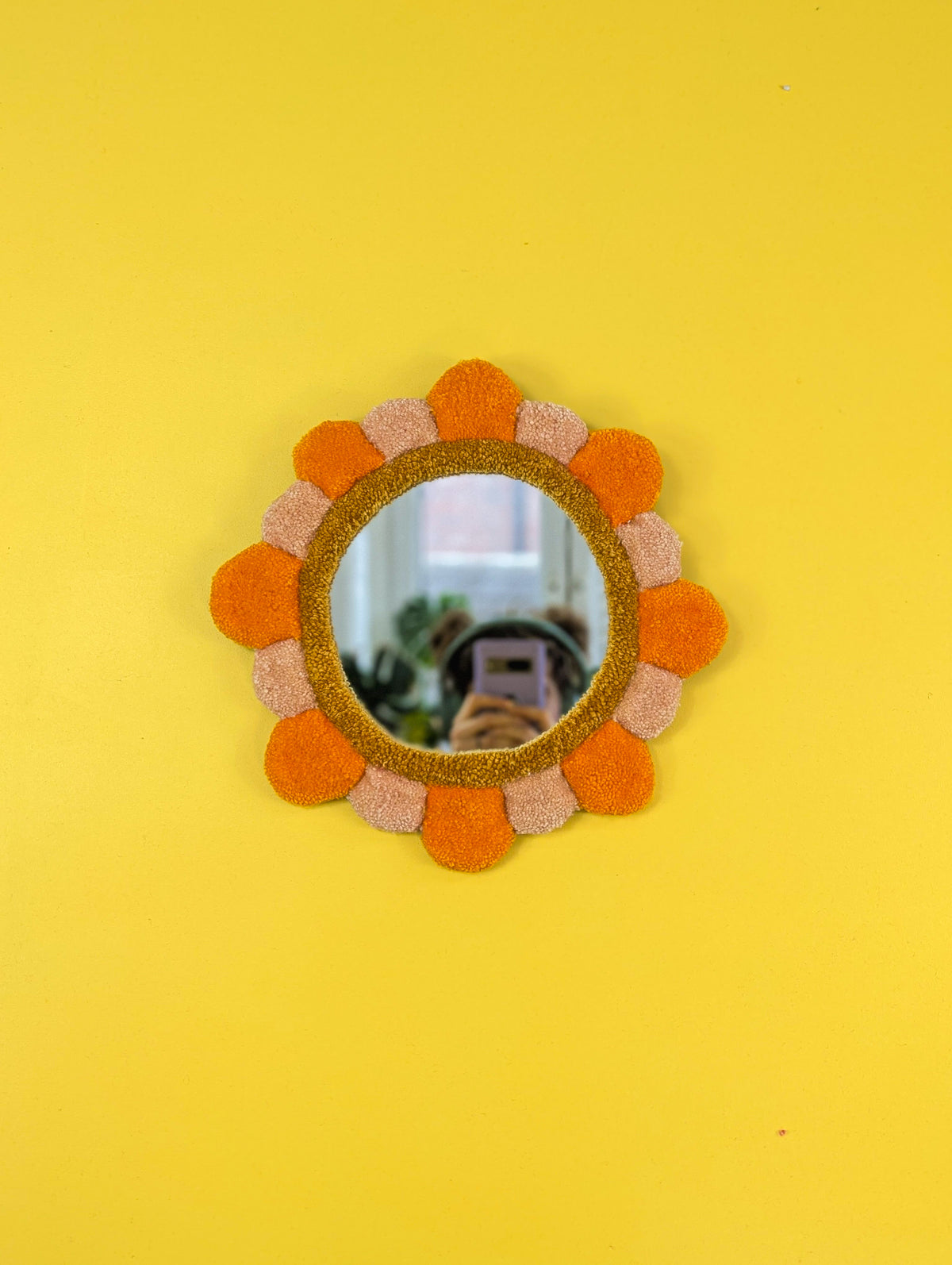 Handmade Orange Tufted Petal Mirror – Flower-Shaped Wall Mirror, Colourful Textured Home Decor