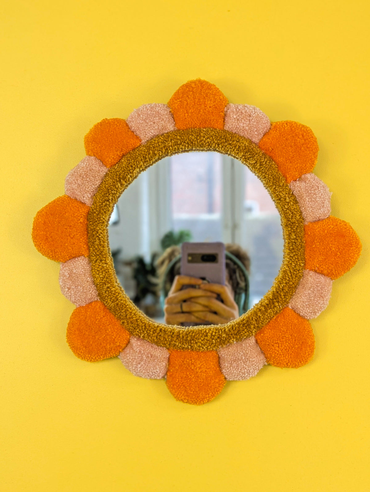 Handmade Orange Tufted Petal Mirror – Flower-Shaped Wall Mirror, Colourful Textured Home Decor