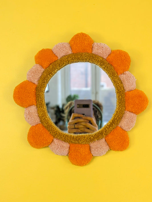 Handmade Orange Tufted Petal Mirror – Flower-Shaped Wall Mirror, Colourful Textured Home Decor