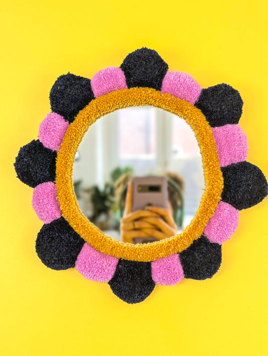 Handmade Navy Pink Tufted Petal Mirror – Flower-Shaped Wall Mirror, Colourful Textured Home Decor