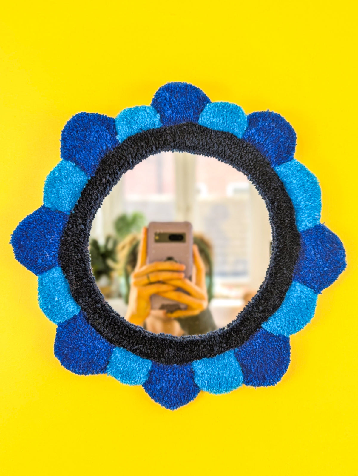 Handmade Blue Tufted Petal Mirror – Flower-Shaped Wall Mirror, Colourful Textured Home Decor
