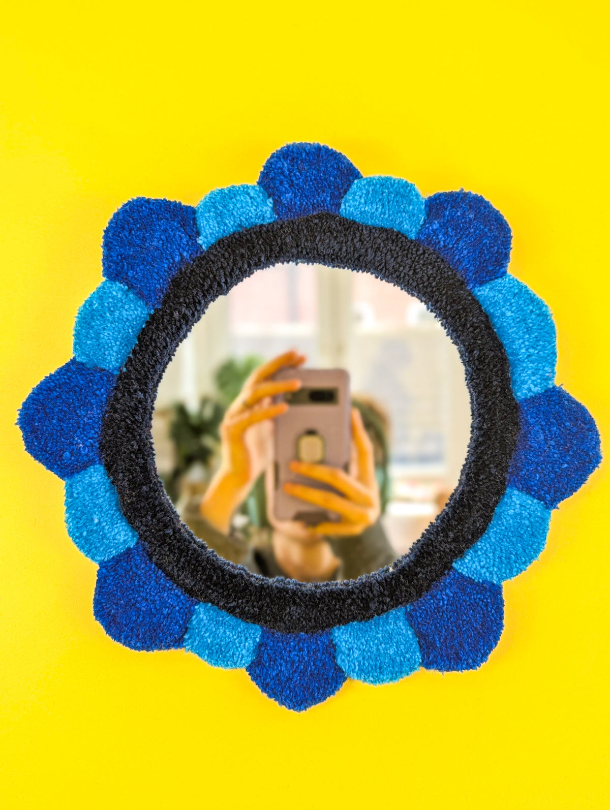 Handmade Blue Tufted Petal Mirror – Flower-Shaped Wall Mirror, Colourful Textured Home Decor