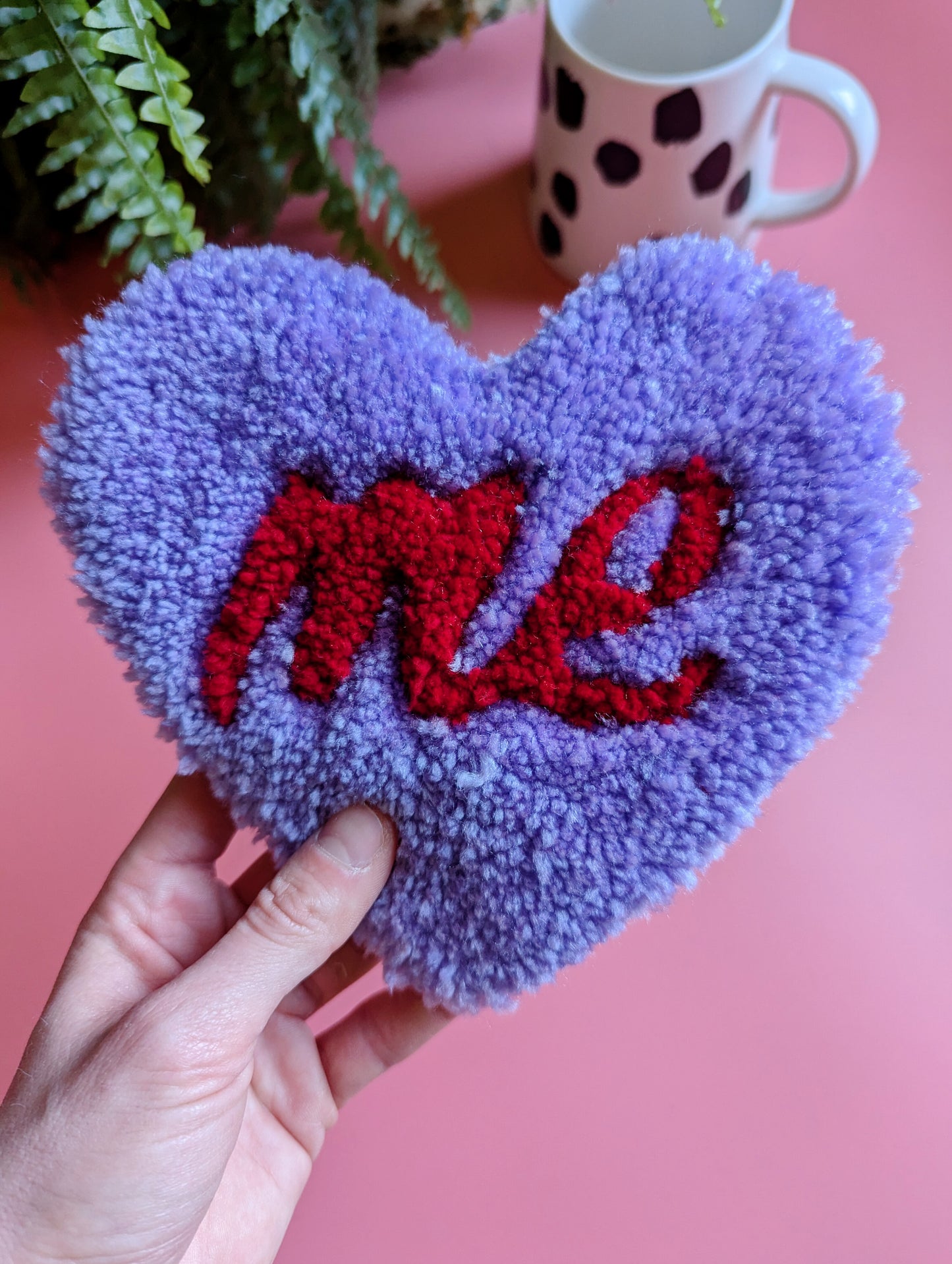 Purple love heart shaped coaster with red ME slogan mini rug mug rug