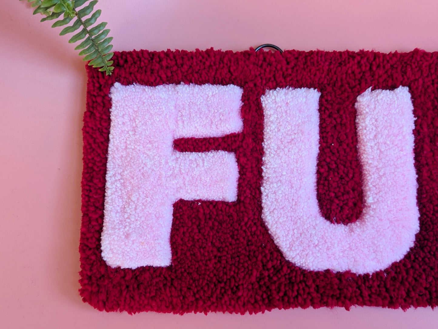 Red and pink f*ck tufted yarn wallhanging rug