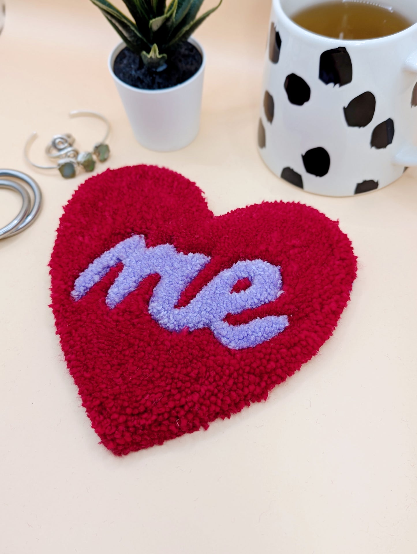 Red love heart shaped coaster with purple ME slogan mini rug mug rug