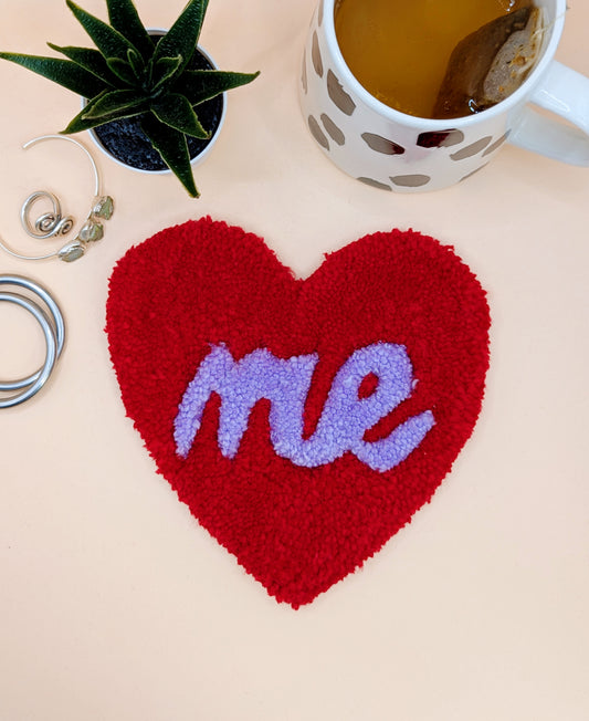 Red love heart shaped coaster with purple ME slogan mini rug mug rug