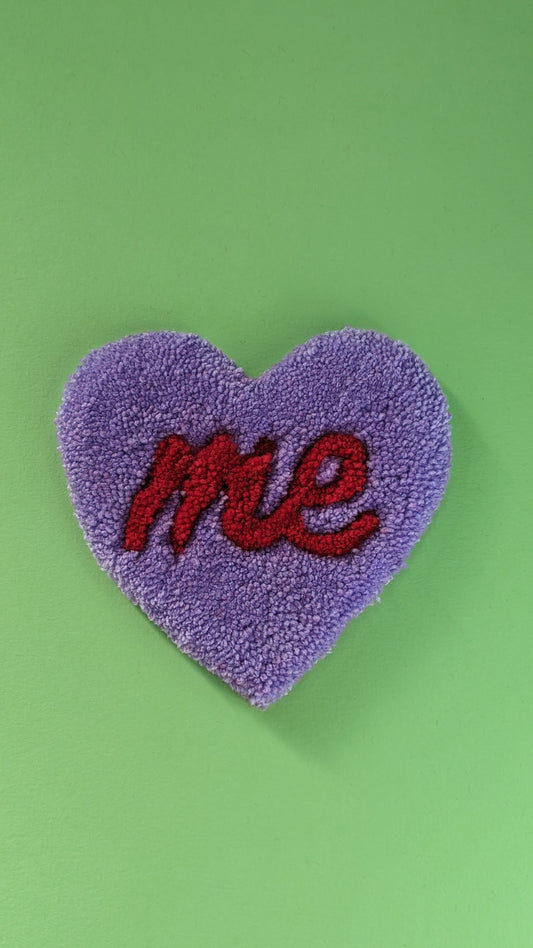 love me self love heart coaster red and pastel purple slogan mini rug mug rug