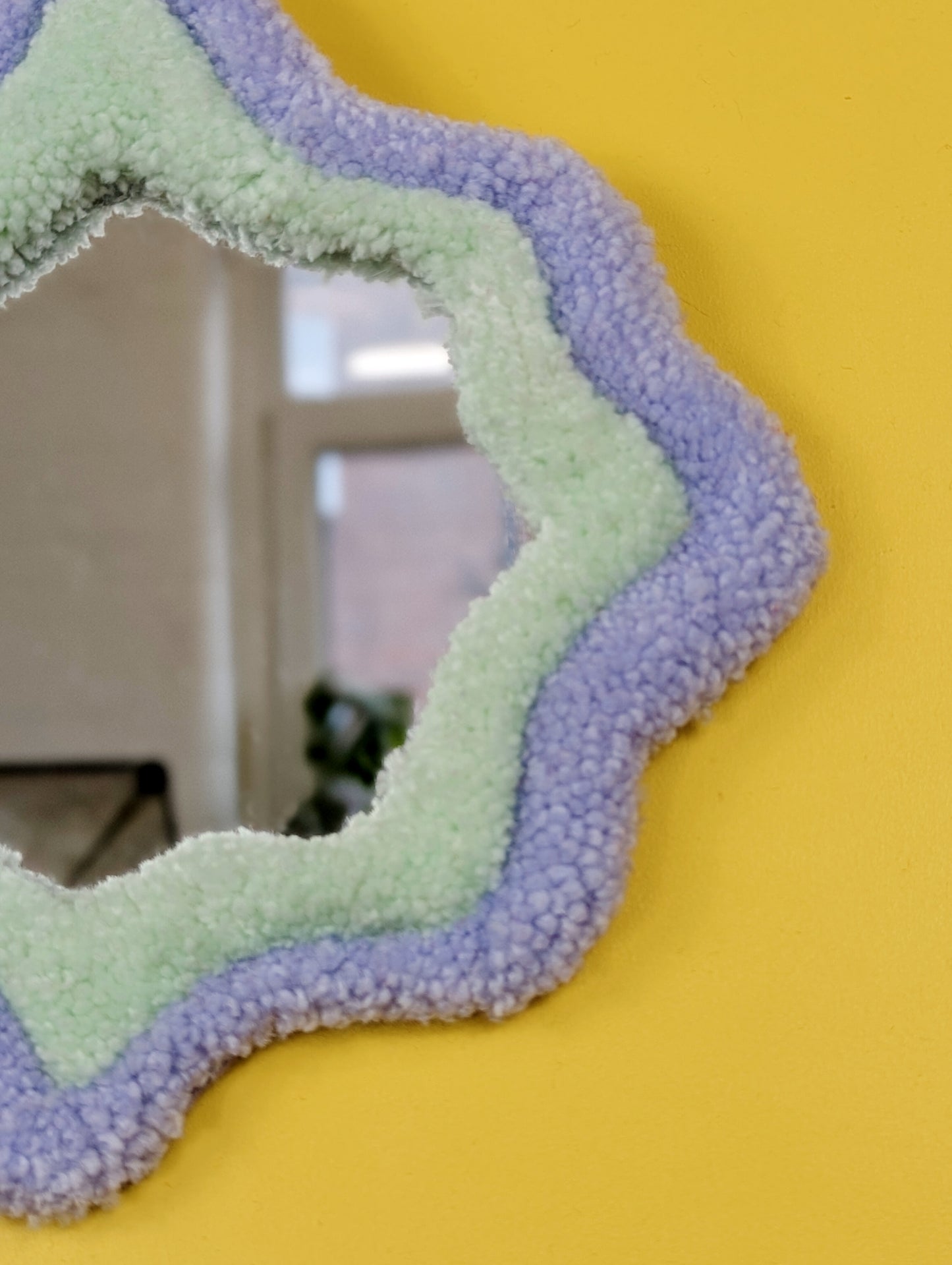 Handmade Wavy Purple Green Tufted Wall Mirror – Unique Wavy Organic Shape Accent Mirror for Bedrooms, Living Rooms & Creative Spaces