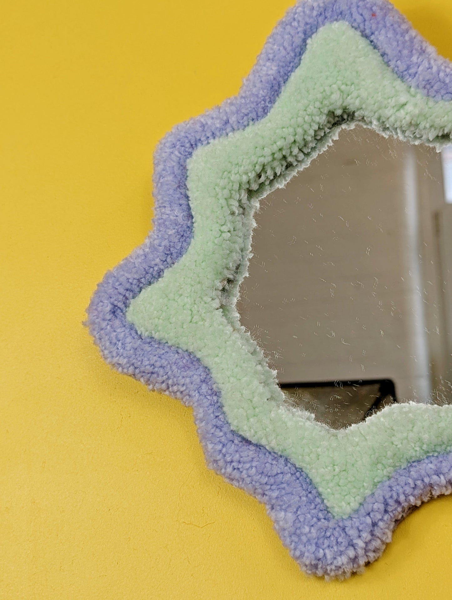 Handmade Wavy Purple Green Tufted Wall Mirror – Unique Wavy Organic Shape Accent Mirror for Bedrooms, Living Rooms & Creative Spaces